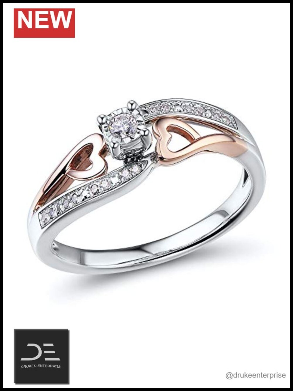 1/10 CT Natural Diamond Promise Ring Solid 10K Rose Gold & Silver Size 8